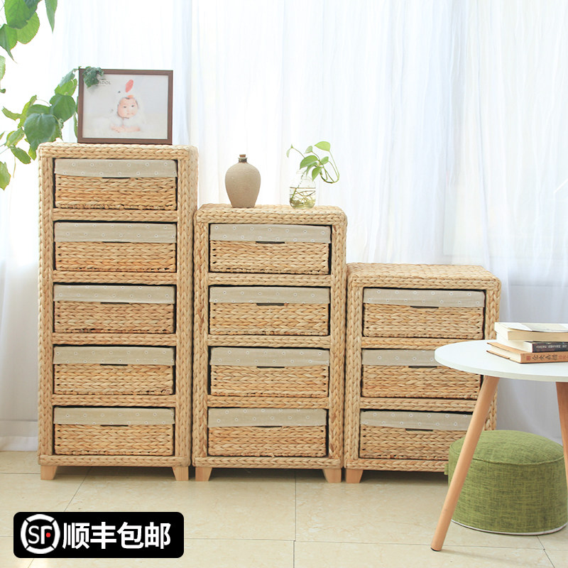 收纳柜抽屉式手工编织储物柜卧室床头柜美式乡村田园风藤编橱柜儿