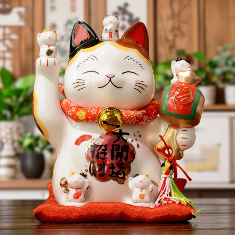 大号日式简约招财猫摆件陶瓷多福猫乔迁开业家居风水祝愿祈福礼物