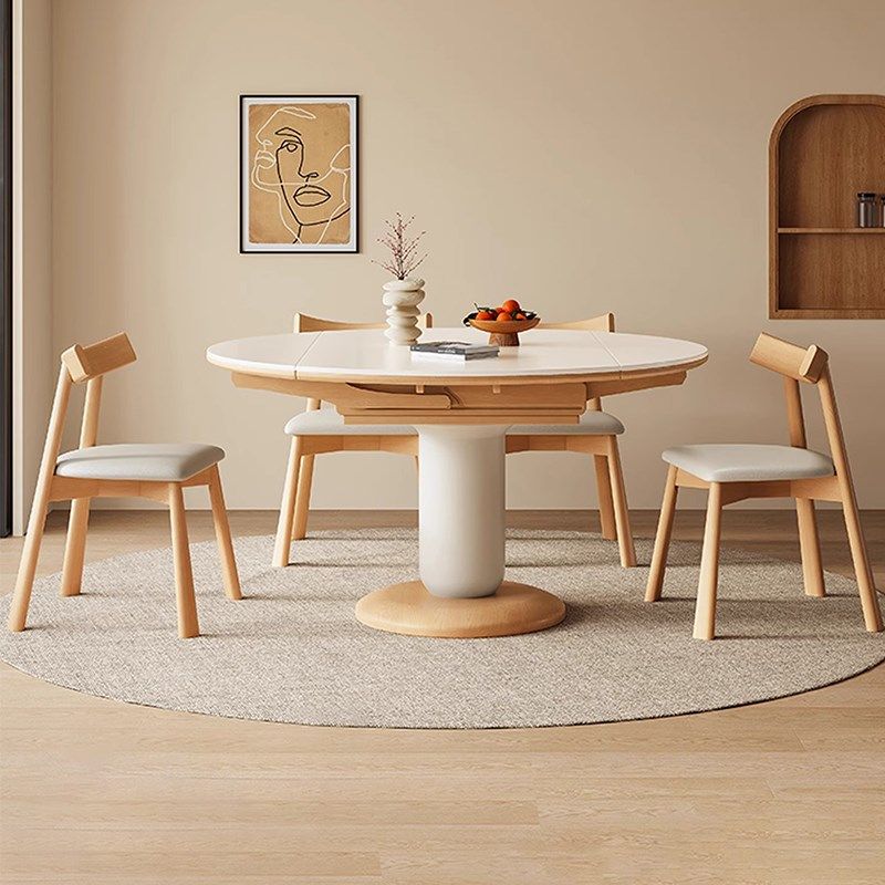 原木奶油风可伸缩折叠岩板餐桌椅组合家用小户型实木餐桌可变圆桌,住宅家具,岩板餐桌,淘宝优惠券,粉丝福利购,淘宝优惠卷