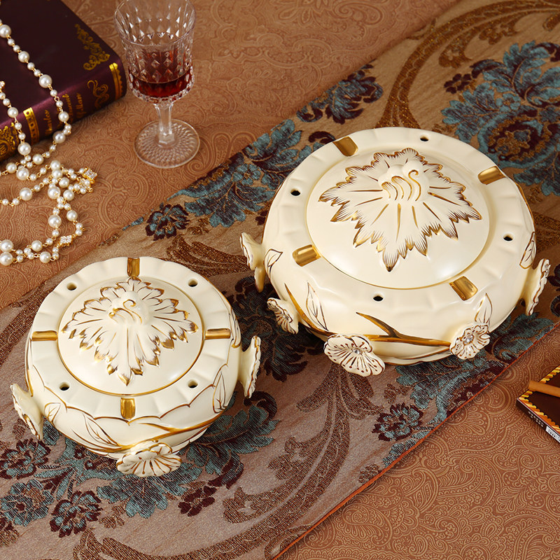 奢华欧式陶瓷烟灰缸高档大号带盖复古时尚创意摆件客厅装饰工艺品