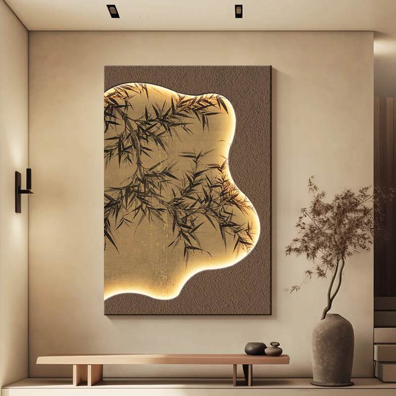 中古风客厅装饰画竹子沙发背景墙挂画侘寂立体砂岩玄关壁画肌理画