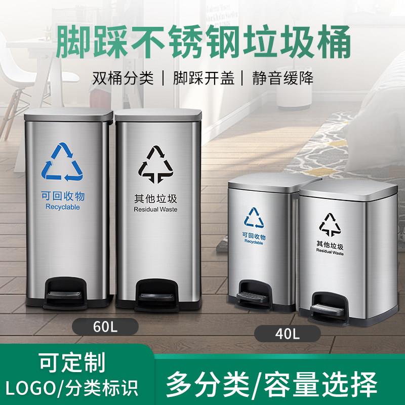 不锈钢分类垃圾桶公共场合办公室商场大号脚踏带盖子商用方形垃圾