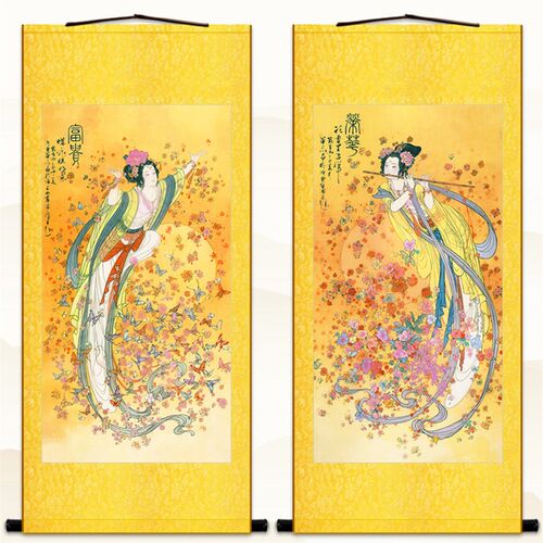荣华富贵图 天女散花仙女人物卷轴挂画 书房客厅绢布丝绸装饰画