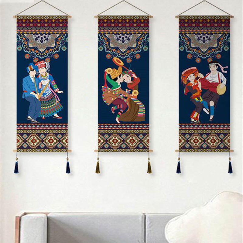 中式沙发背景墙挂画民族风民宿酒店壁画客厅装饰画布艺玄关挂画