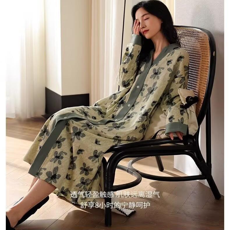 棉带胸垫睡裙女士春秋季长袖开衫V领中长款宽松连衣裙睡衣