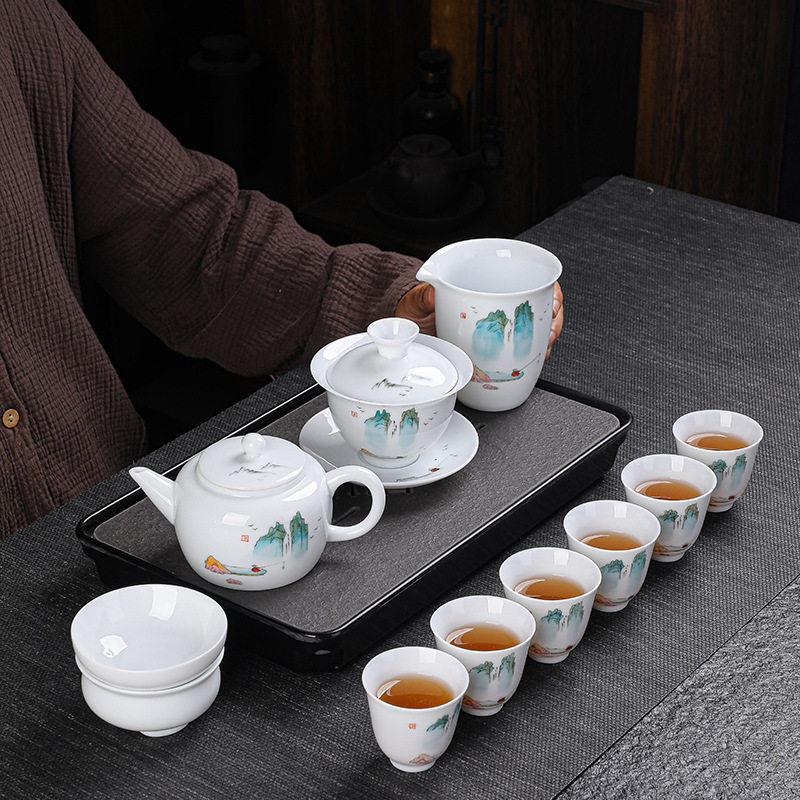 高档羊脂玉瓷纯手绘功夫茶具套组白瓷三才盖碗品茗杯泡茶器礼盒装