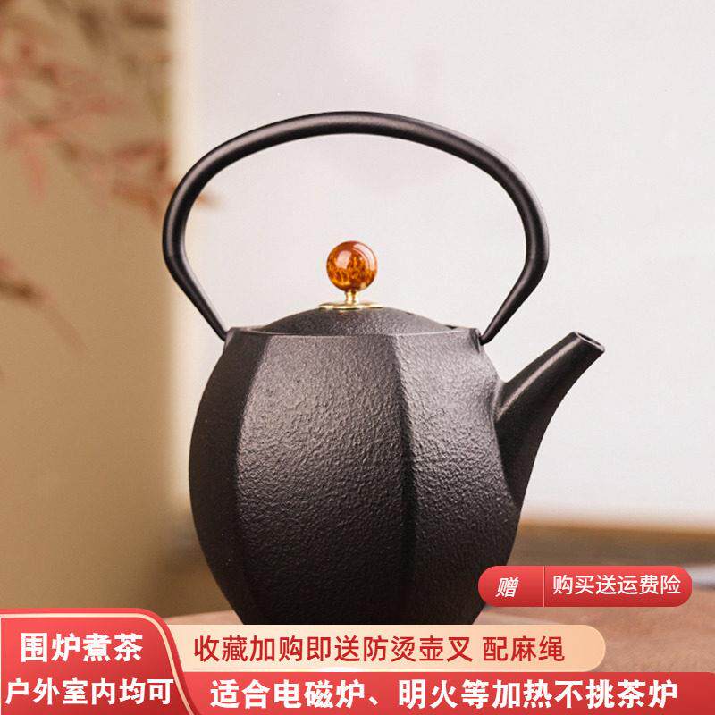典工堂六方来财铸铁壶黑晶炉煮茶壶茶室覆古精致摆件家用茶壶水壶