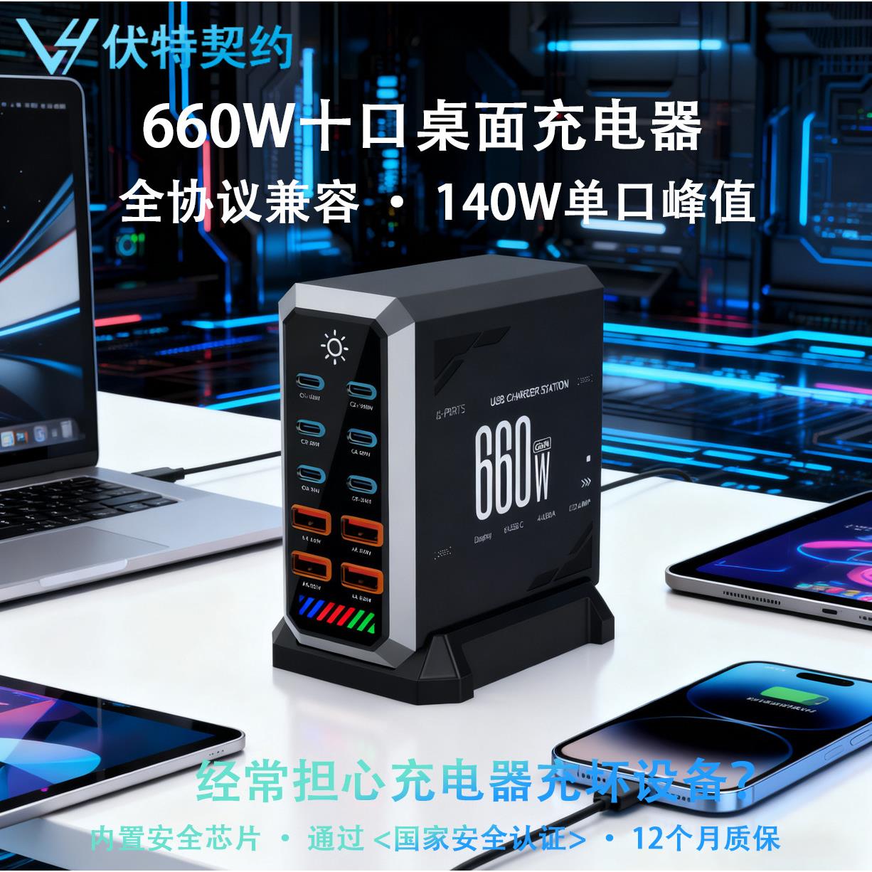 伏特契约660W十口桌面氮化镓充电器多口桌面充电站全协议兼容多设备快充140W单口峰值适用笔记本平板手机等图片