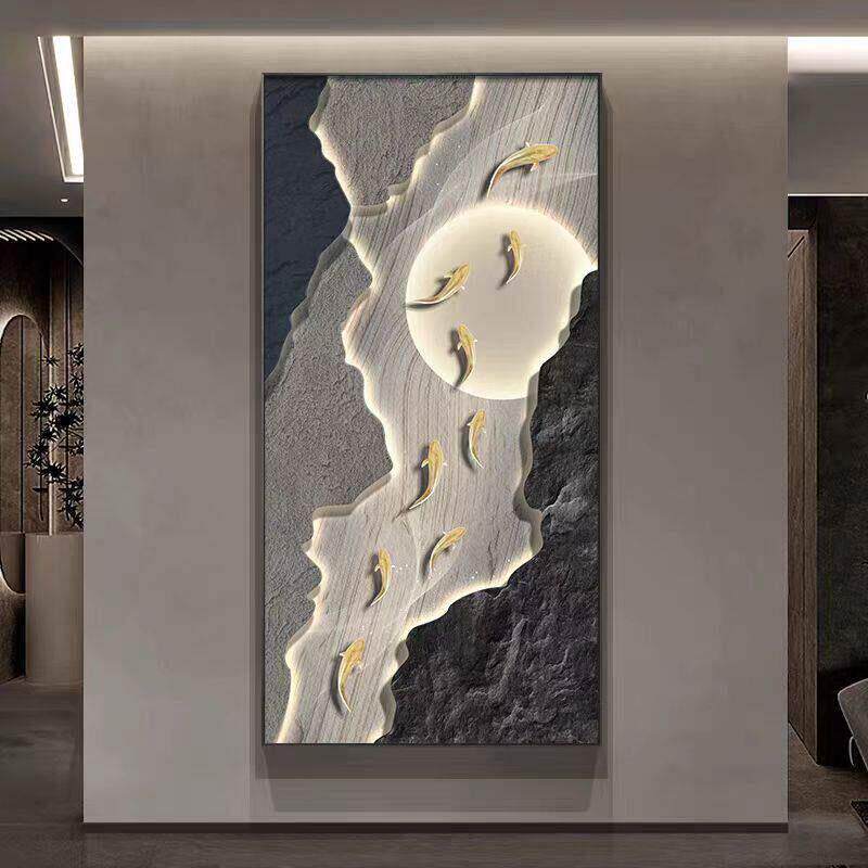九鱼图立体入户玄关装饰画高端带灯石来运转壁画轻奢走廊过道挂画