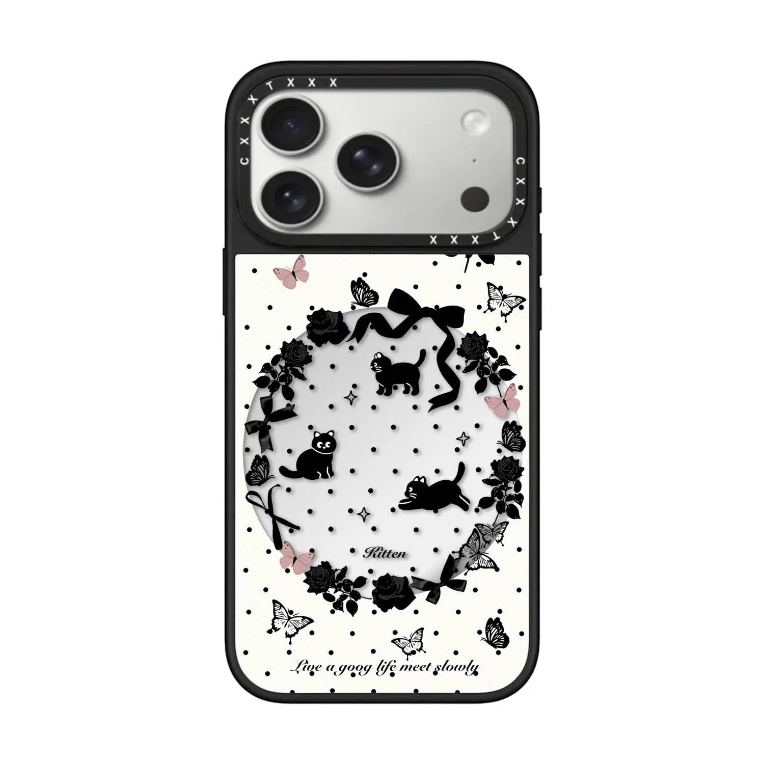 玩趣黑猫个性创意18/17promax适用于iPhone16pro卡通可爱15plus亚克力磁吸镜面14蝴蝶结猫咪13明星同款手机壳