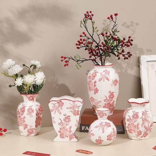 红色冬青花瓶陶瓷复古插花摆件高级感轻奢腊梅青花瓷新家客厅装饰