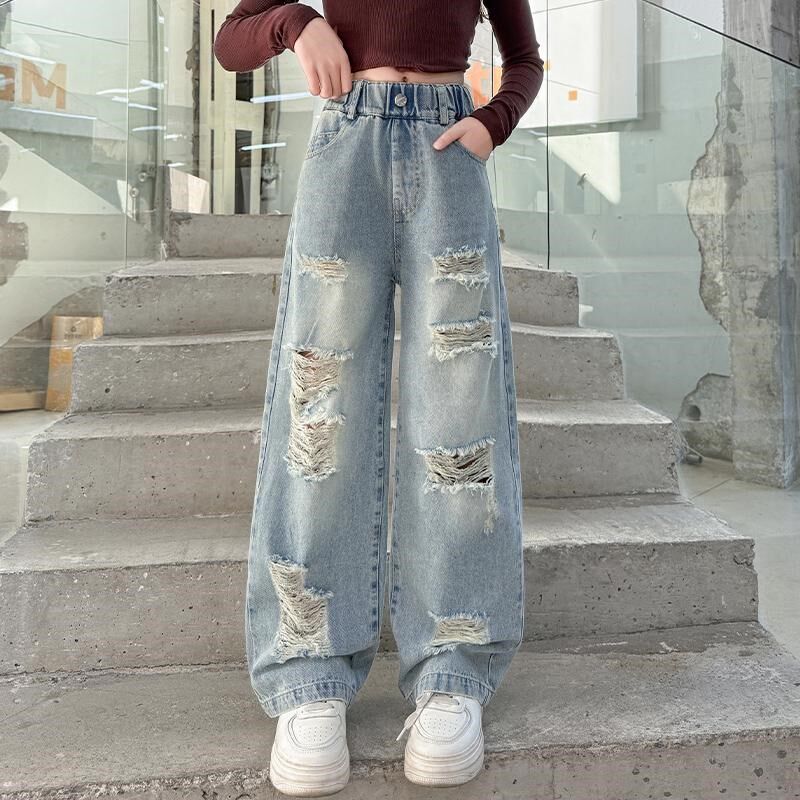 女童牛仔裤春秋款2025新款儿童破洞阔腿裤春季初中生女孩直筒裤子