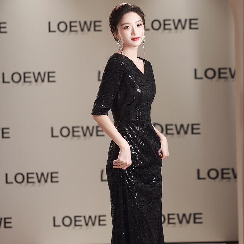 大合唱团演出服女黑色气质年会晚礼服长裙比赛走秀表演主持指挥服