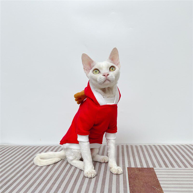 斯芬克斯无毛猫德文衣服秋冬加绒卫衣圣诞鹿角柔软连帽弹力领口