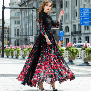 长袖碎花雪纺连衣裙女夏脚踝2021新款大码长款大摆沙滩裙裙子长裙
