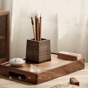 东意文房北美黑胡桃木实木笔筒创意办公室桌面摆件送礼毛笔收纳筒