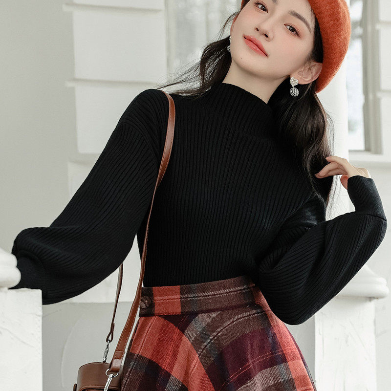 春秋配半身裙的高领毛衣女复古小众气质内搭灯笼袖上衣打底针织衫