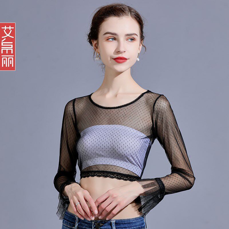 白色t恤宽松薄款长袖女夏 时尚大领口防晒网纱罩衫蕾丝网纱上衣薄