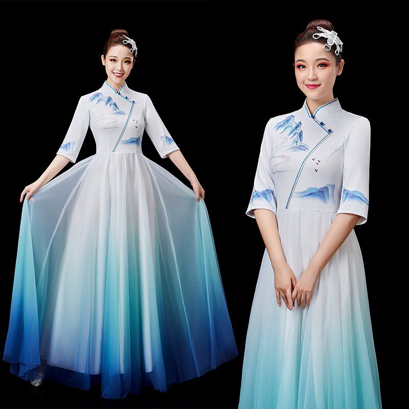 大合唱演出服女长裙成人中国风学生红歌比赛诗歌朗诵舞台表演服装