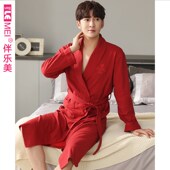 新婚 红色新娘女士结婚晨袍睡袍浴袍纯棉中长款 睡衣2022新款 春秋季