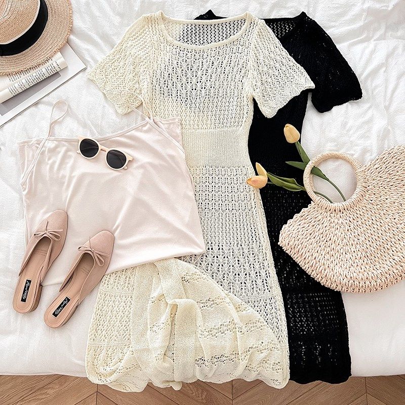复古百搭镂空钩花短袖针织中长款连衣裙配打底吊带裙两件套女夏季,女装/女士精品,连衣裙,淘宝优惠券,粉丝福利购,淘宝优惠卷