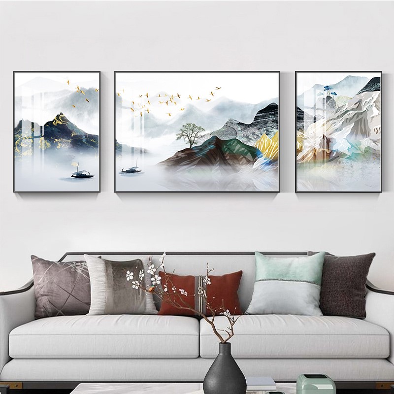 新款晶瓷三联挂画海纳百川山水画客厅沙发背景墙画大气禅意装饰画