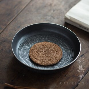 彩集堂 侘寂黑釉手工跳刀壶承 描银圆形陶瓷干泡盘子茶托养壶垫