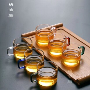 明信唐堂 6支装加厚品茗杯耐热透明小茶杯带把高硼硅玻璃茶碗套装