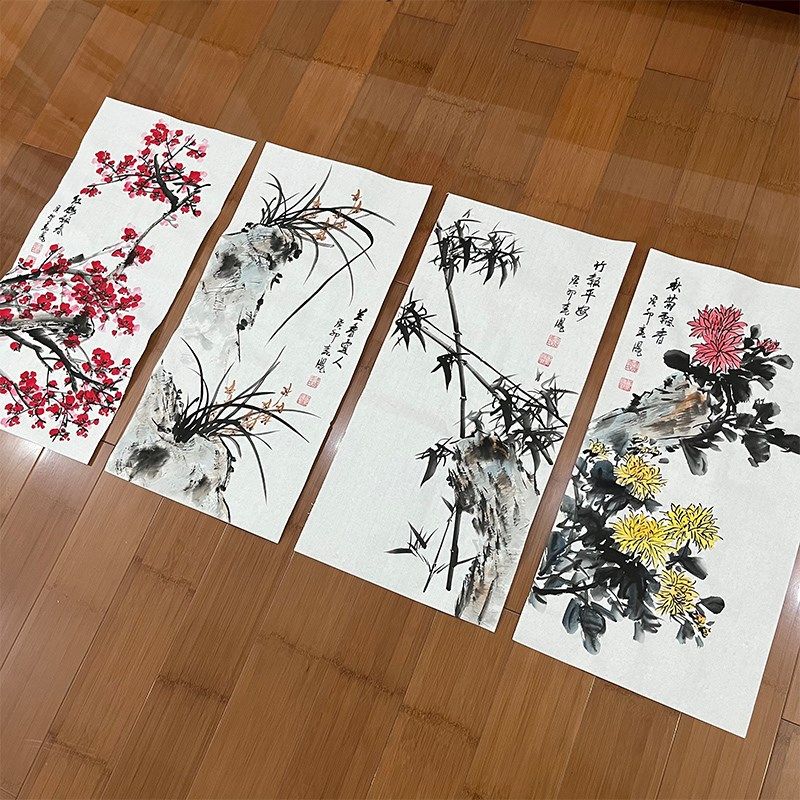 手绘国画梅兰竹菊四条屏四君子四联画背景墙客厅装饰画条幅挂画