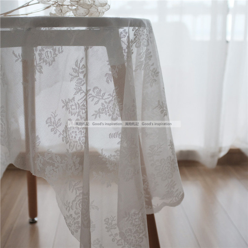 网纱桌布餐布 法式复古镂空白色蕾丝玫瑰野盖巾摆拍背景布