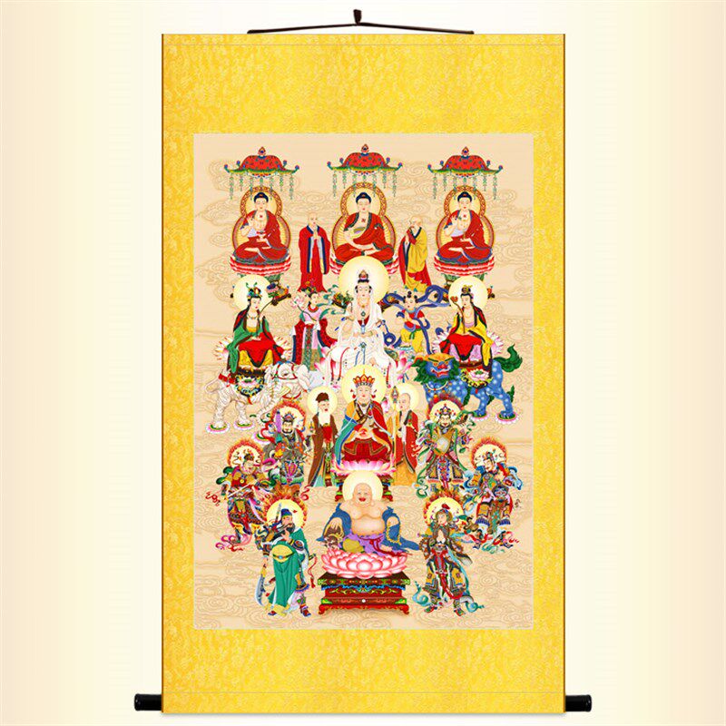 全堂佛菩萨画像挂画 全佛图众佛图 满堂佛堂水陆画丝绸卷轴画