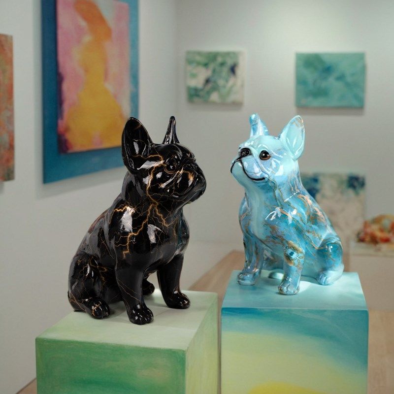 彩色涂鸦坐姿法斗犬宠物狗艺术创意家居办公装饰品树脂工艺品摆件