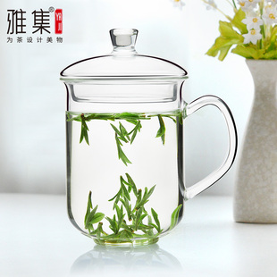 雅集玻璃杯办公杯水杯 耐热玻璃泡茶杯带盖会议杯加厚透明玻璃杯