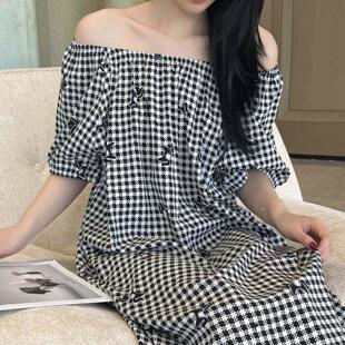 棉绸睡裙夏女一字肩格子衬衫裙女夏季宽松显瘦中长版洋装ins风
