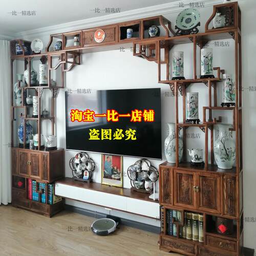 实木伸缩月洞门新中式彷古隔断客厅屏风博古架多宝阁亮拱门可定制