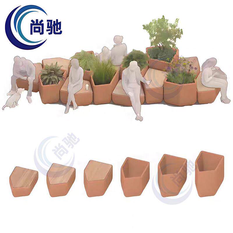 户外玻璃钢花盆坐凳组合商场休闲椅广场景观防腐木大花箱菱形花槽