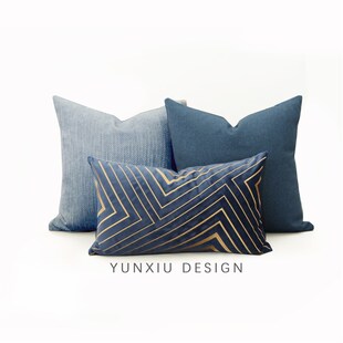 蓝色组合抱枕靠垫藏青色沙发靠枕样板房床品装 饰抱枕腰枕刺绣