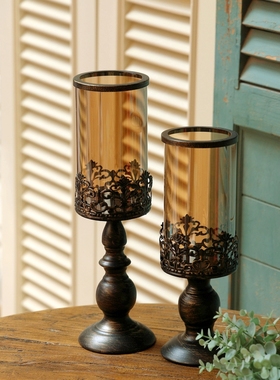 欧式复古铁艺玻璃烛台摩洛哥风格刷金做旧风灯家居饰品氛围摆件