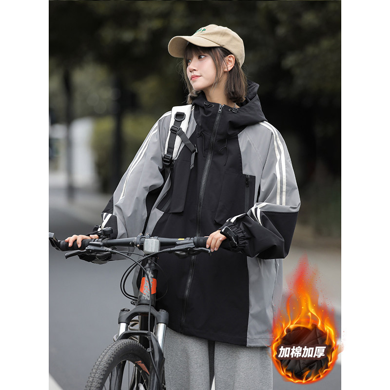 情侣款撞色连帽加棉加厚防风夹克