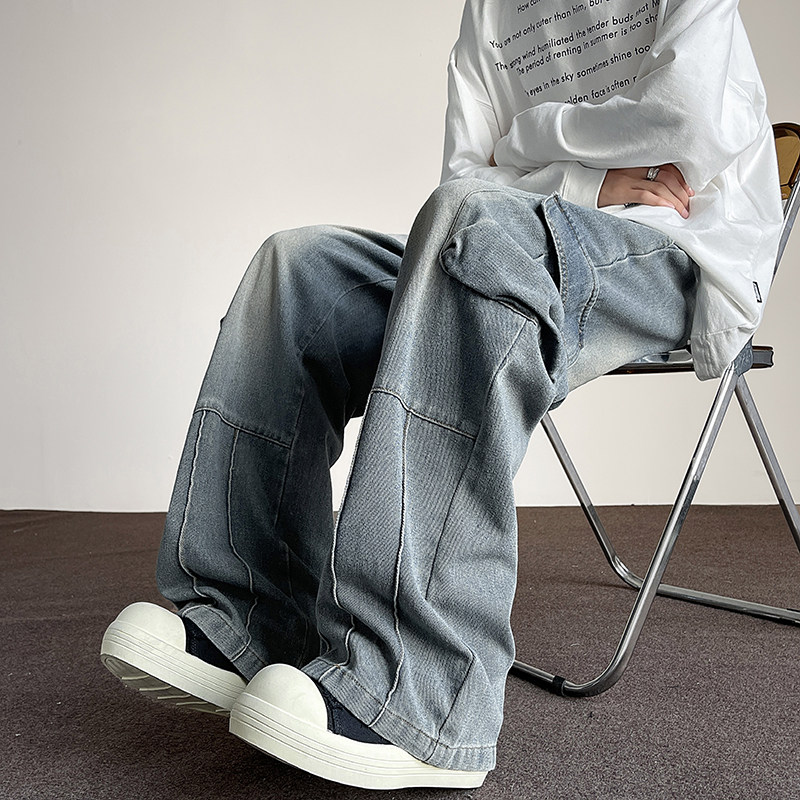 做旧渐变水洗工装牛仔裤男 大口袋抽绳高腰宽松阔腿垂感直筒裤女