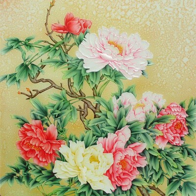 中式雕刻工艺术玻璃隔断玄关屏风透光电视背景墙富贵牡丹枝繁叶茂
