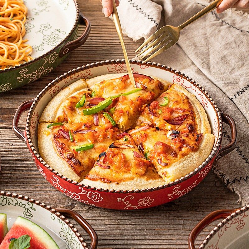 LePantry陶瓷双耳烤盘圆形披萨盘烤箱用专用家用芝士焗饭盘托盘