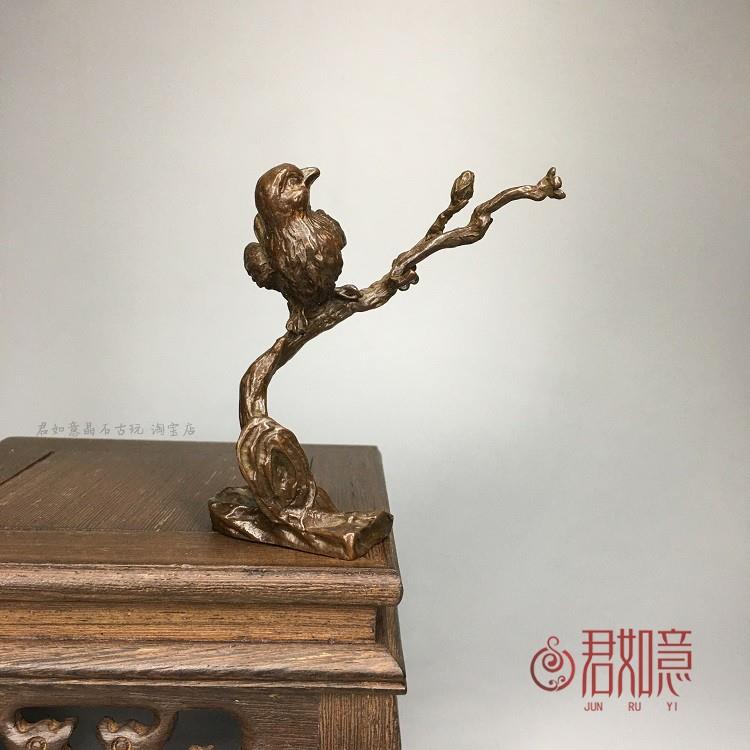 红皮色合金喜鹊枝头小摆件 金属树枝小鸟造型枝头鸟桌面小摆件