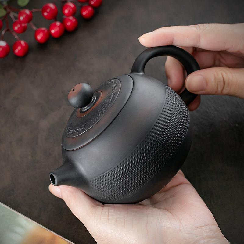 紫陶茶壶手工跳刀泡茶壶简约家用复古单壶功夫茶具套组大号陶瓷壶