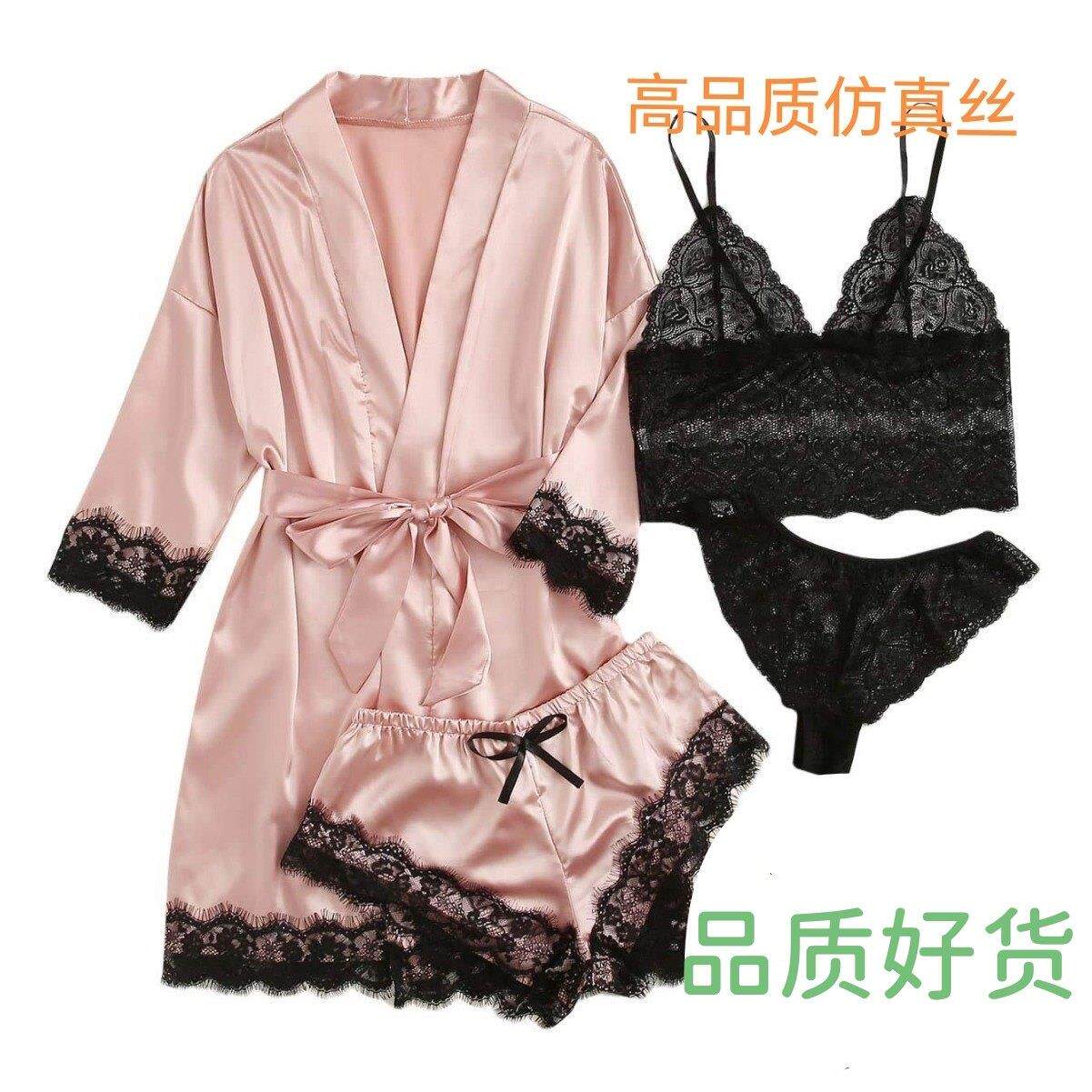 新款欧美女士睡衣 4件套蕾丝缎面吊带睡衣女夏套装带睡袍睡裙