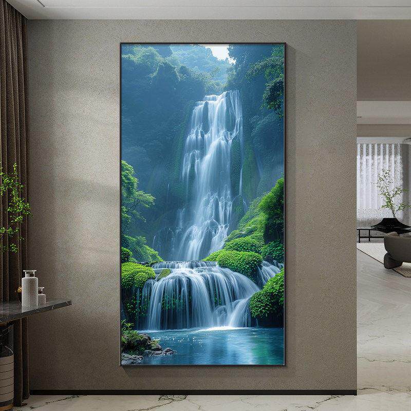 流水生财装饰画入户玄关挂画对门过道走廊壁画源远流长山水风景画