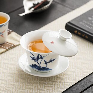 国风手绘青白瓷悬停三才盖碗单个羊脂玉瓷泡茶杯大号功夫茶具防烫