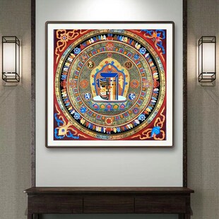十相自在坛城手绘棉布唐卡客厅玄关书房挂画非遗手工艺矿料装饰画