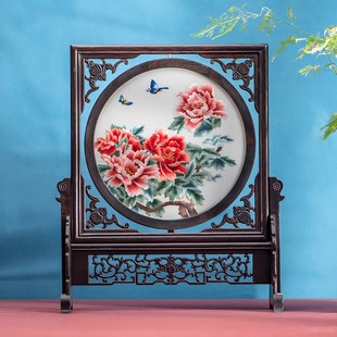 韵彩绣艺双面台屏实木摆台中式刺绣工艺品礼盒装客厅桌面摆件送