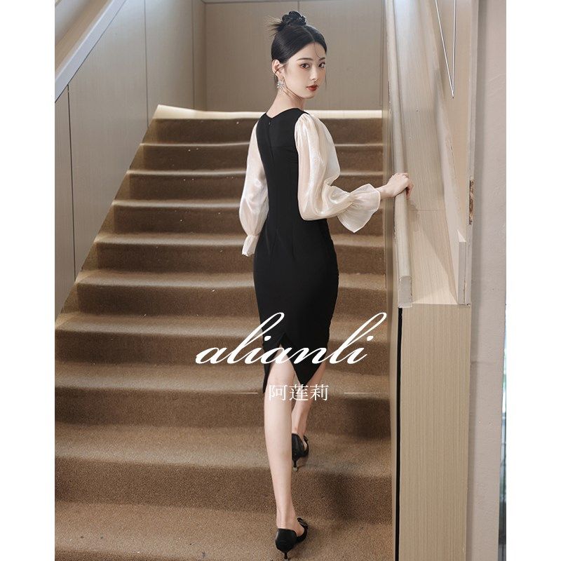 晚礼服裙女轻奢小众高端高级感黑色小个子年会主持人订婚日常可穿